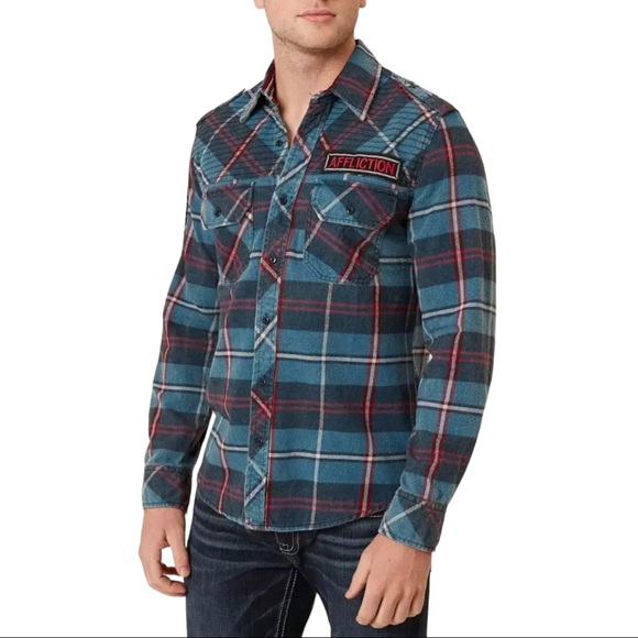 Affliction Men's Button Down Shirt Eastside Woven Embroidered Biker - Picture 9 of 11